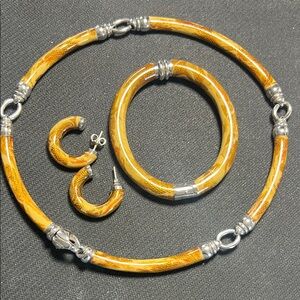 Handcrafted Gold -Brown Color Enamel Jewelry Set On 925 Silver.